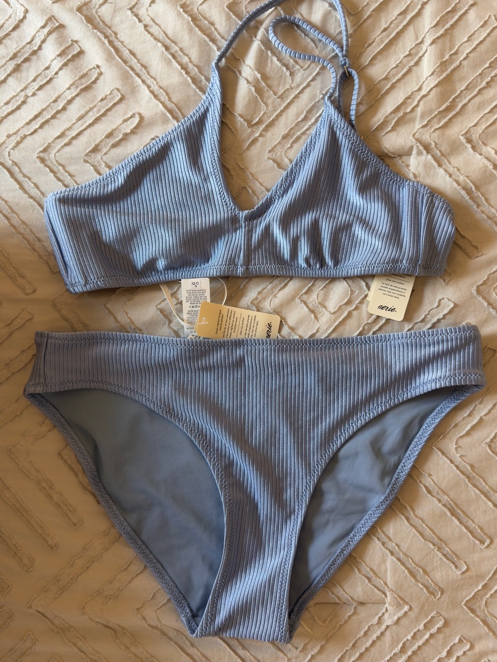 aerie Ribbed Triangle Bikini Top & Brief - Light Blue